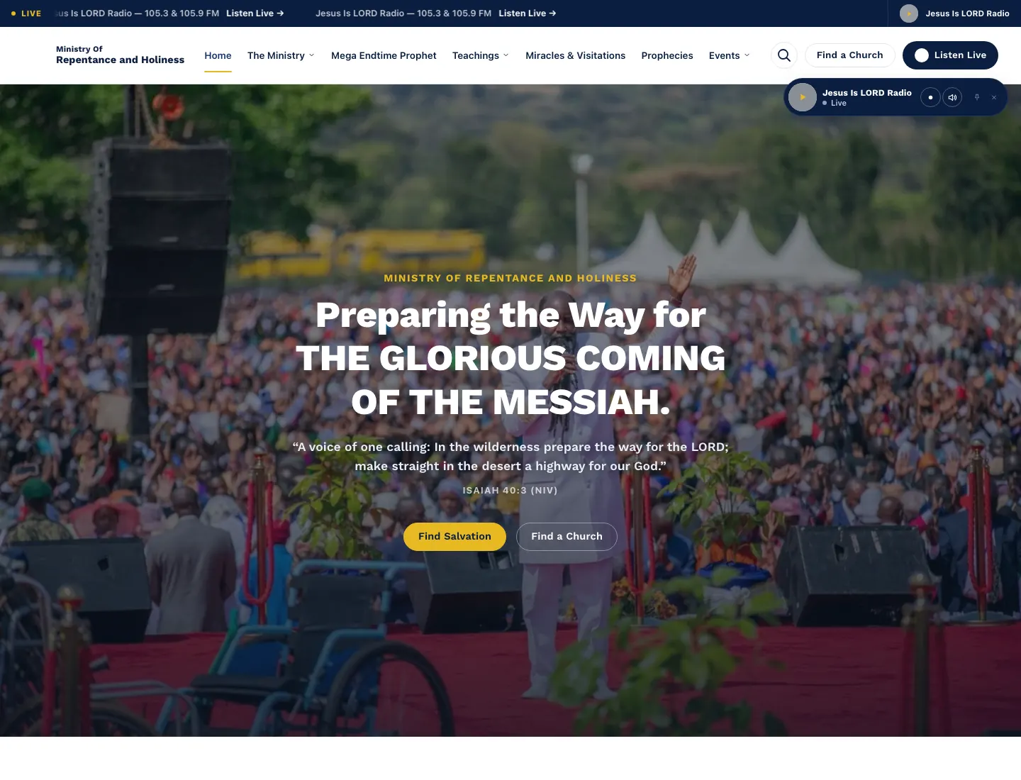 Homepage of repentandpreparetheway.com with the ministry headline and live radio