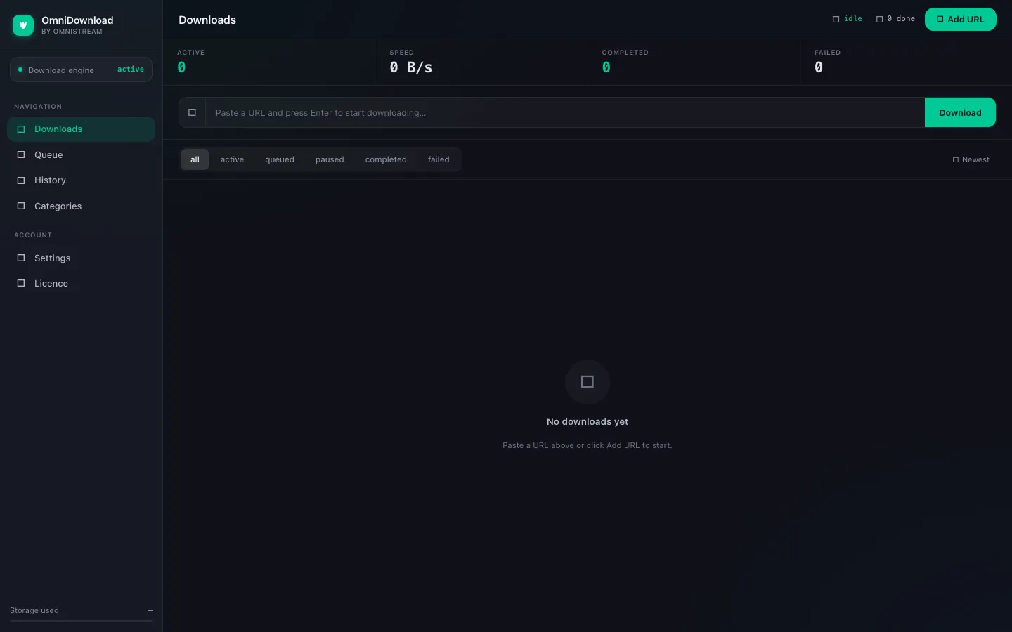OmniDownload on Mac, showing Downloads, Queue, History, and an empty queue