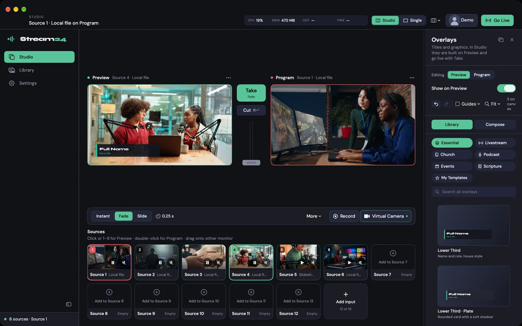 Stream24 Studio with the overlays panel open beside preview and program