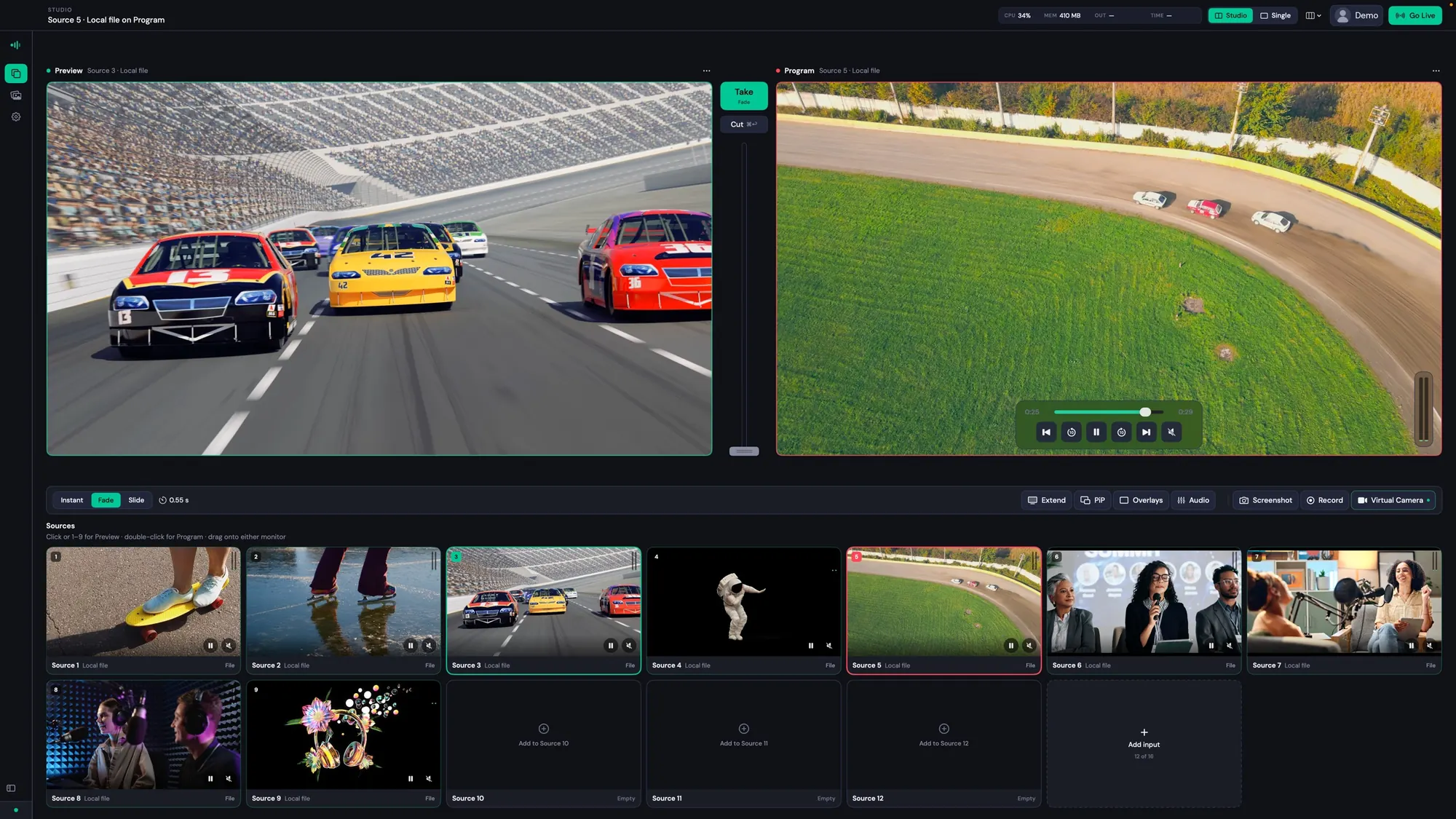 Stream24 Studio with Preview, Program, Take and Cut, and a row of sources