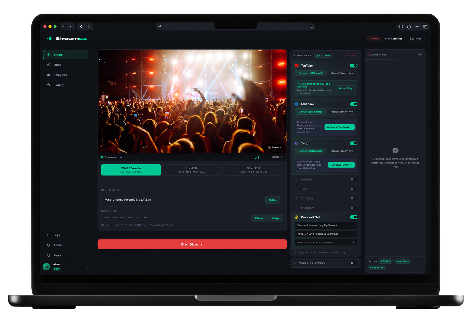 Stream24 studio on a laptop — live destinations, preview, and chat