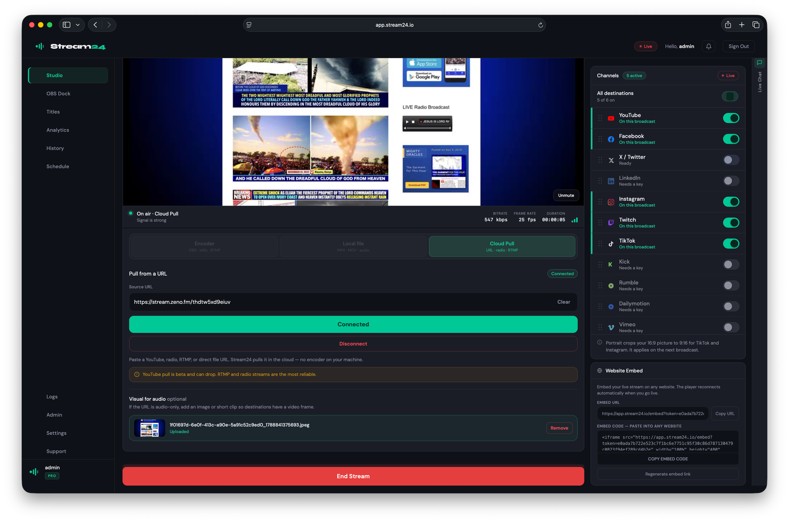 Stream24 Cloud Pull interface with live destinations