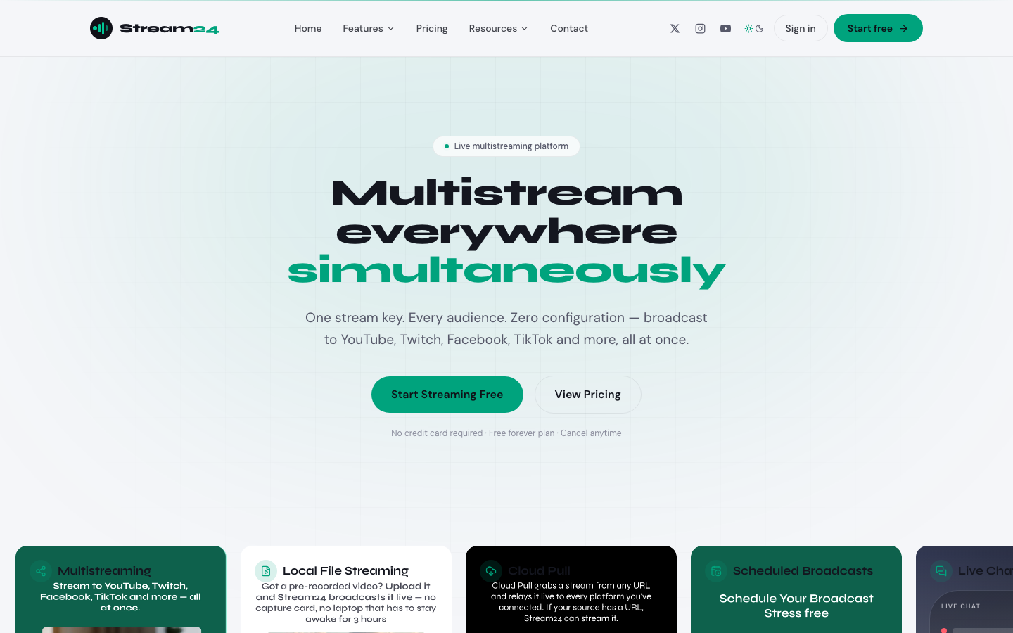stream24.io homepage — Multistream everywhere simultaneously